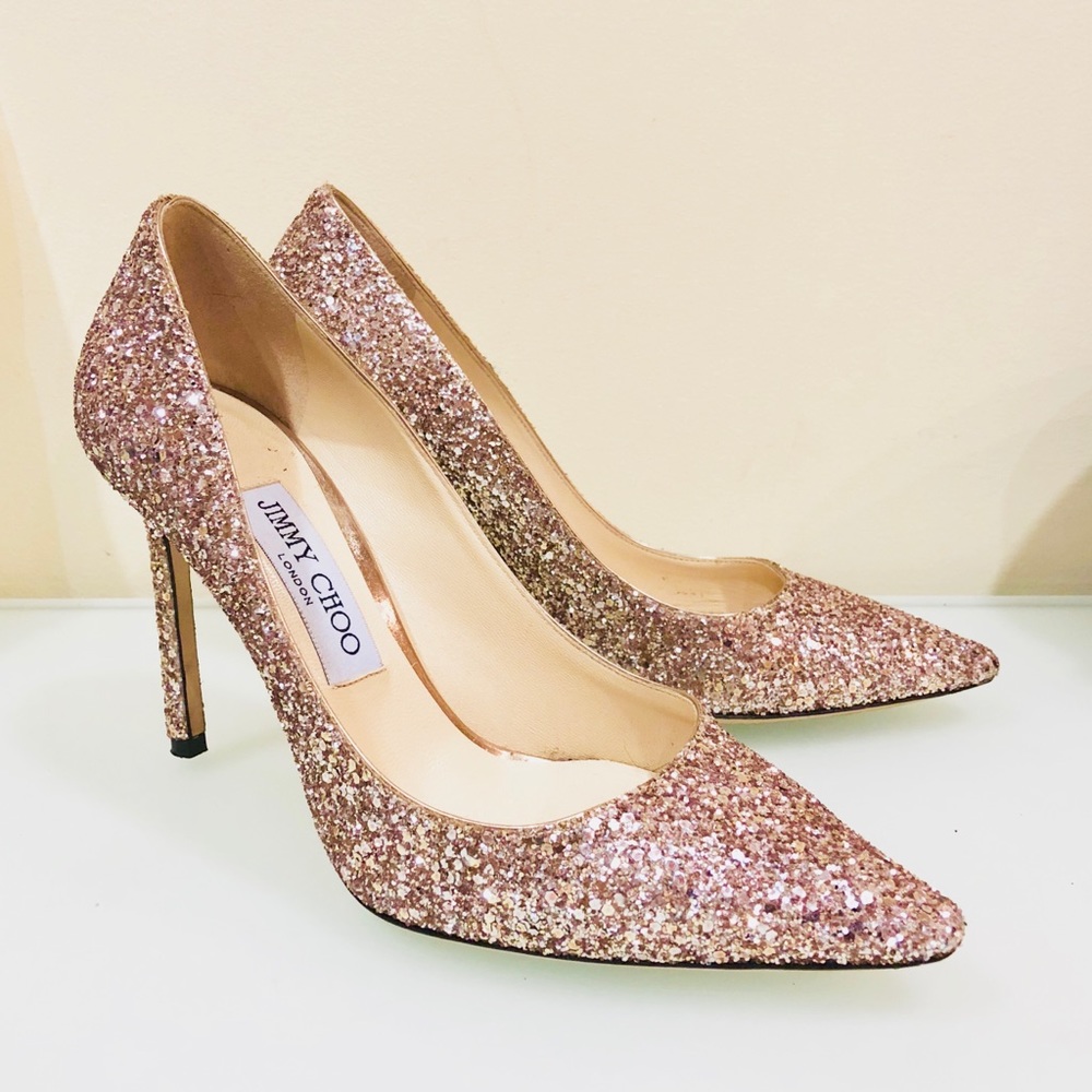 Jimmy Choo Romy Ballet Pink Glitter Pumps 37.5